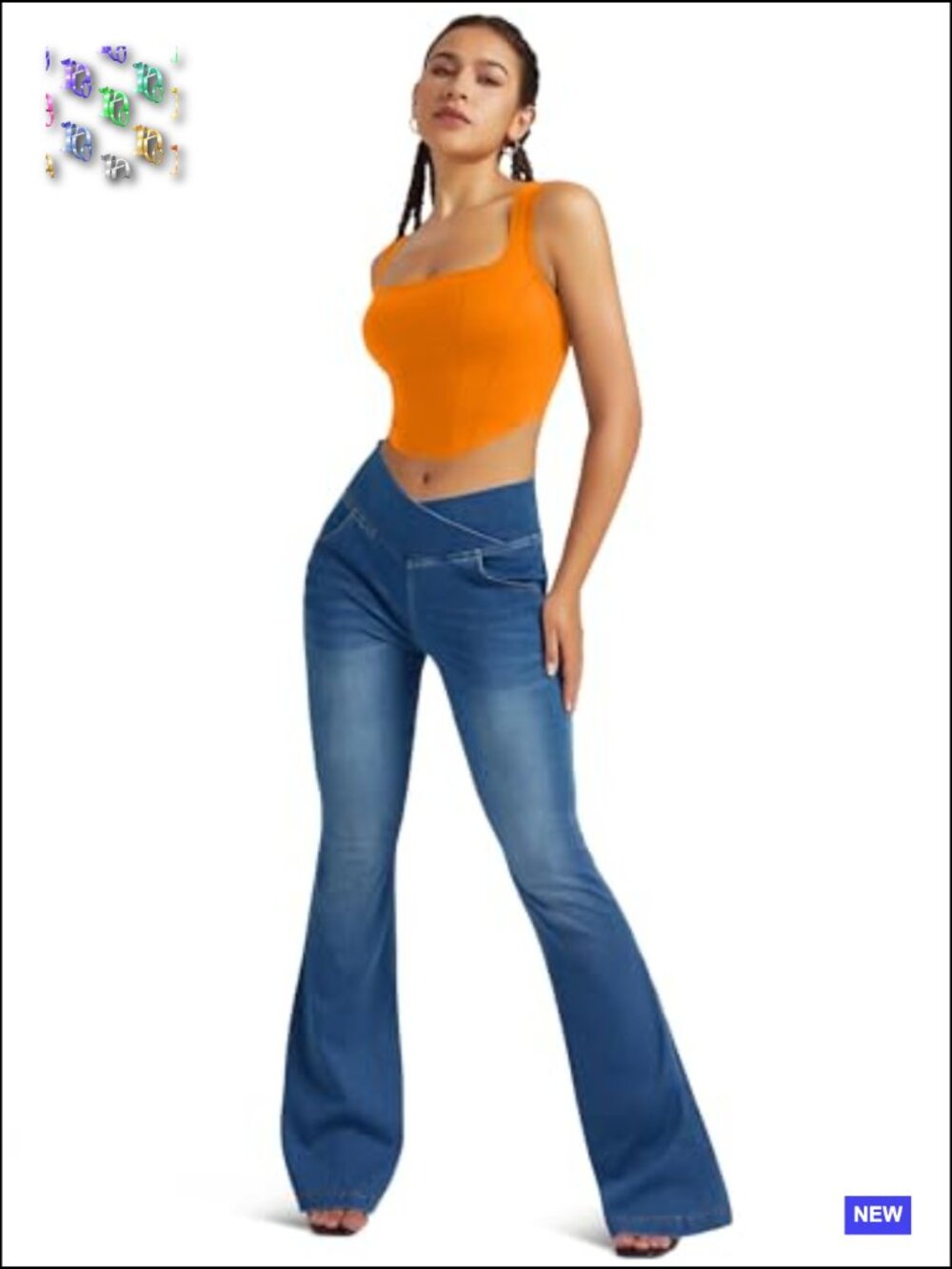 Knit Stretchy Crossover High Waisted Flare Bell Bottom Jeans with Pockets - Picture 4 of 4